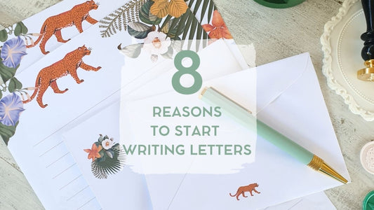 leopard and flower print letter writing set with mint green pen and wax seals