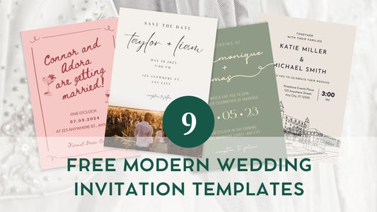 pink, green and cream wedding invitations on white background