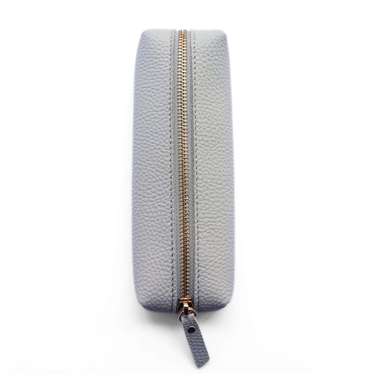 small grey pencil case with gold zipper top view