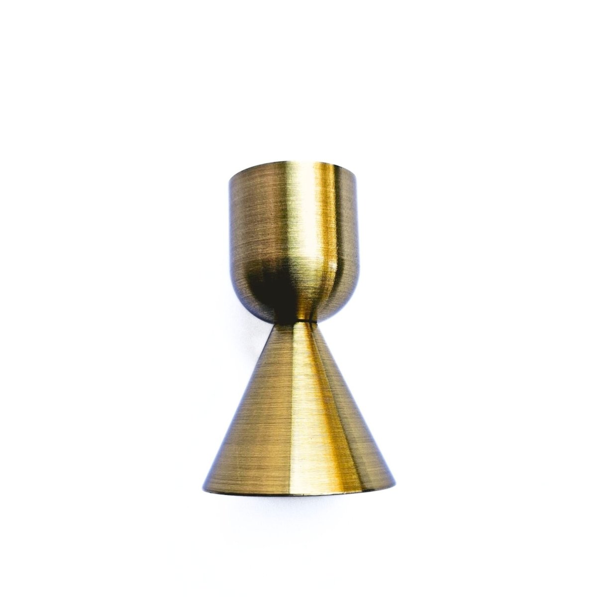 Gold metallic hourglass-shaped candle holder on a white background