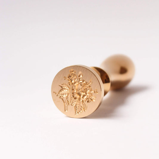 Solid brass wax seal with highly detailed engraving of a vintage style rose on round brass wax seal head