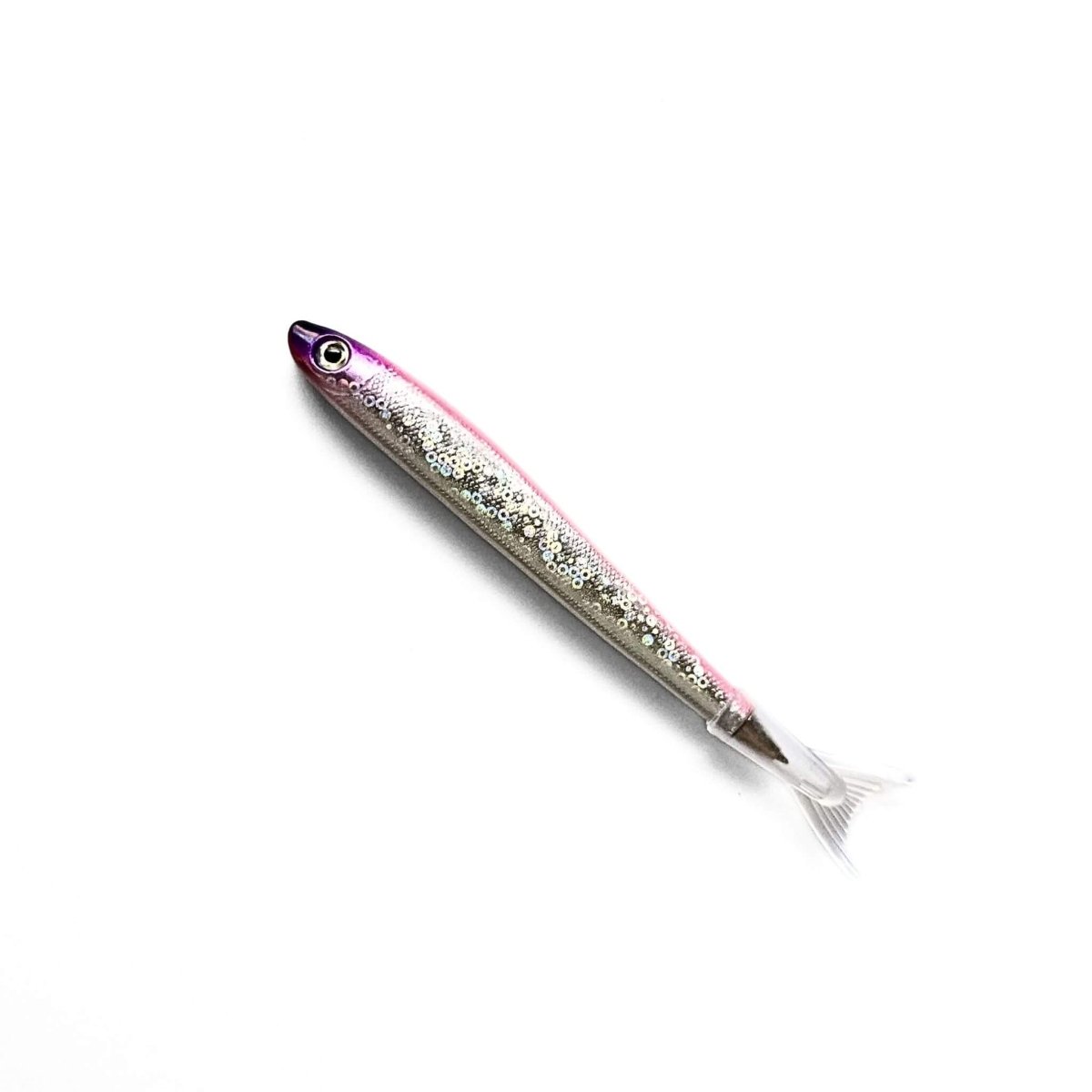 Fish shaped pen with a pink and silver body on a white background