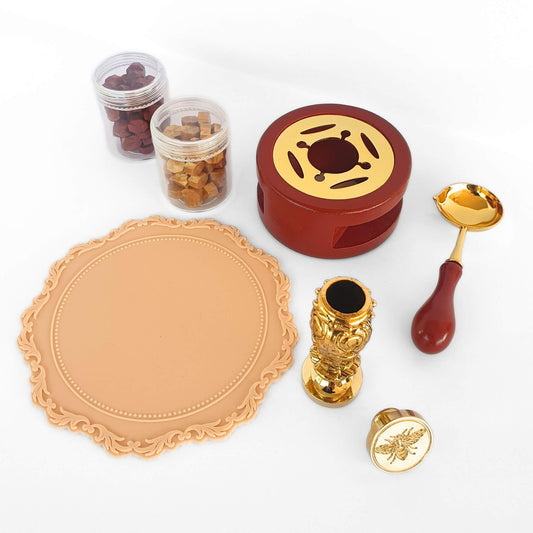 Tuscan wax seal kit, gold wax seal stamp, wax melting tools and red and gold wax sealing beads