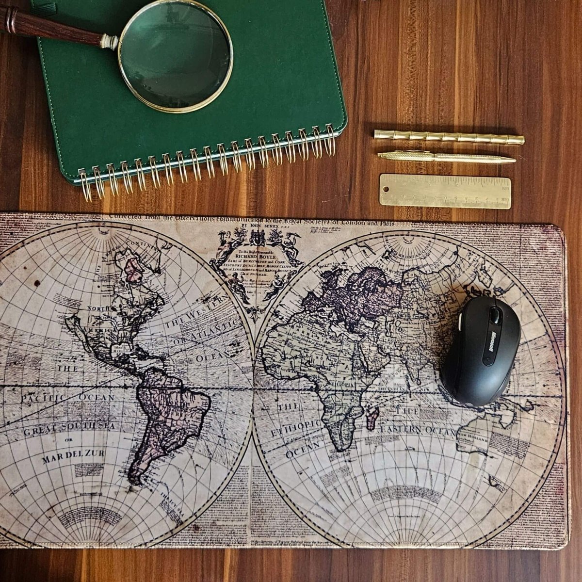 men's office desk with large desk mat with old map design