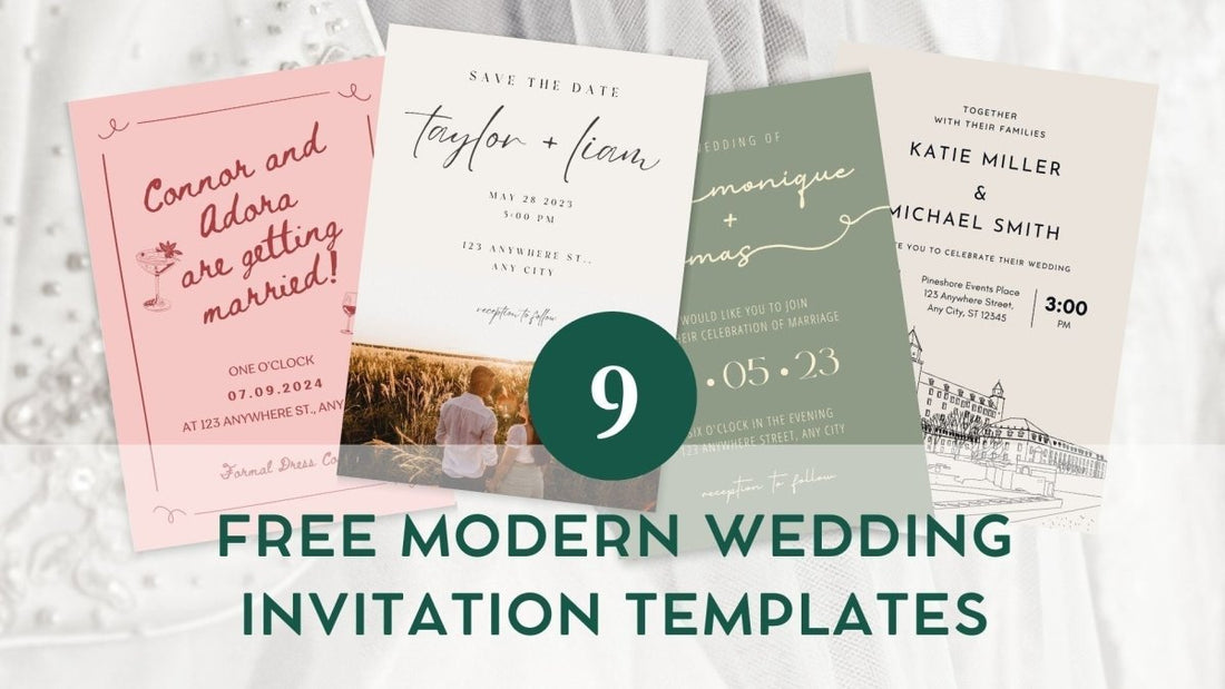 pink, green and cream wedding invitations on white background