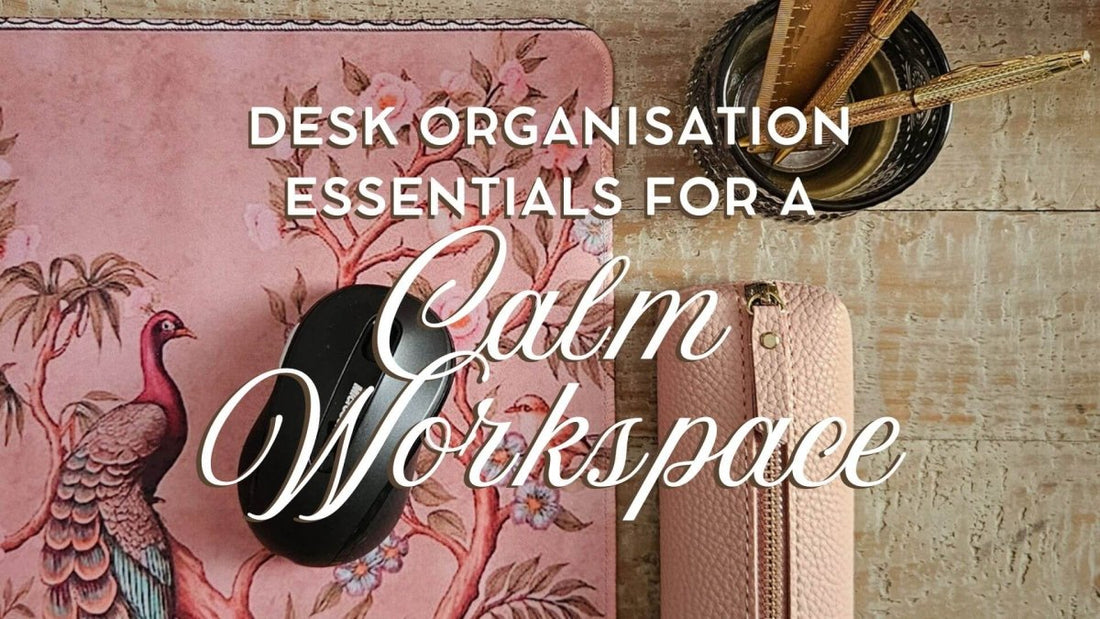 Pink desk accessories with text that reads "Desk Organisation Essentials for a Calm Workspace"