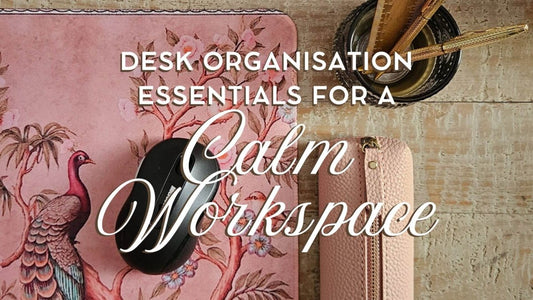 Pink desk accessories with text that reads "Desk Organisation Essentials for a Calm Workspace"