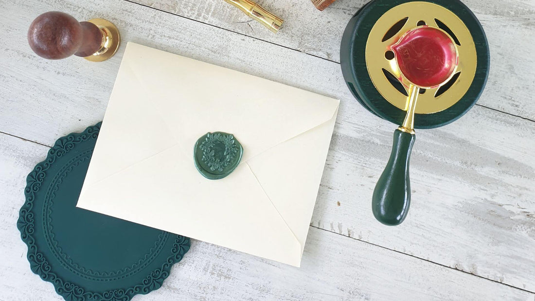 green wax seal on cream envelope and red sealing wax