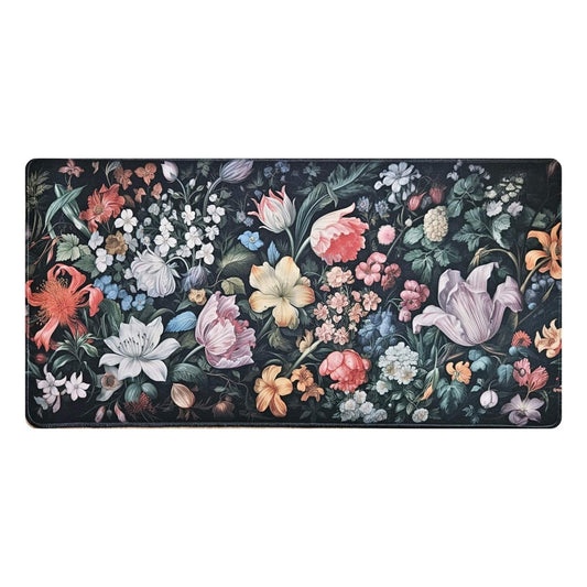 Floral patterned desk mat with colourful flowers on a dark background