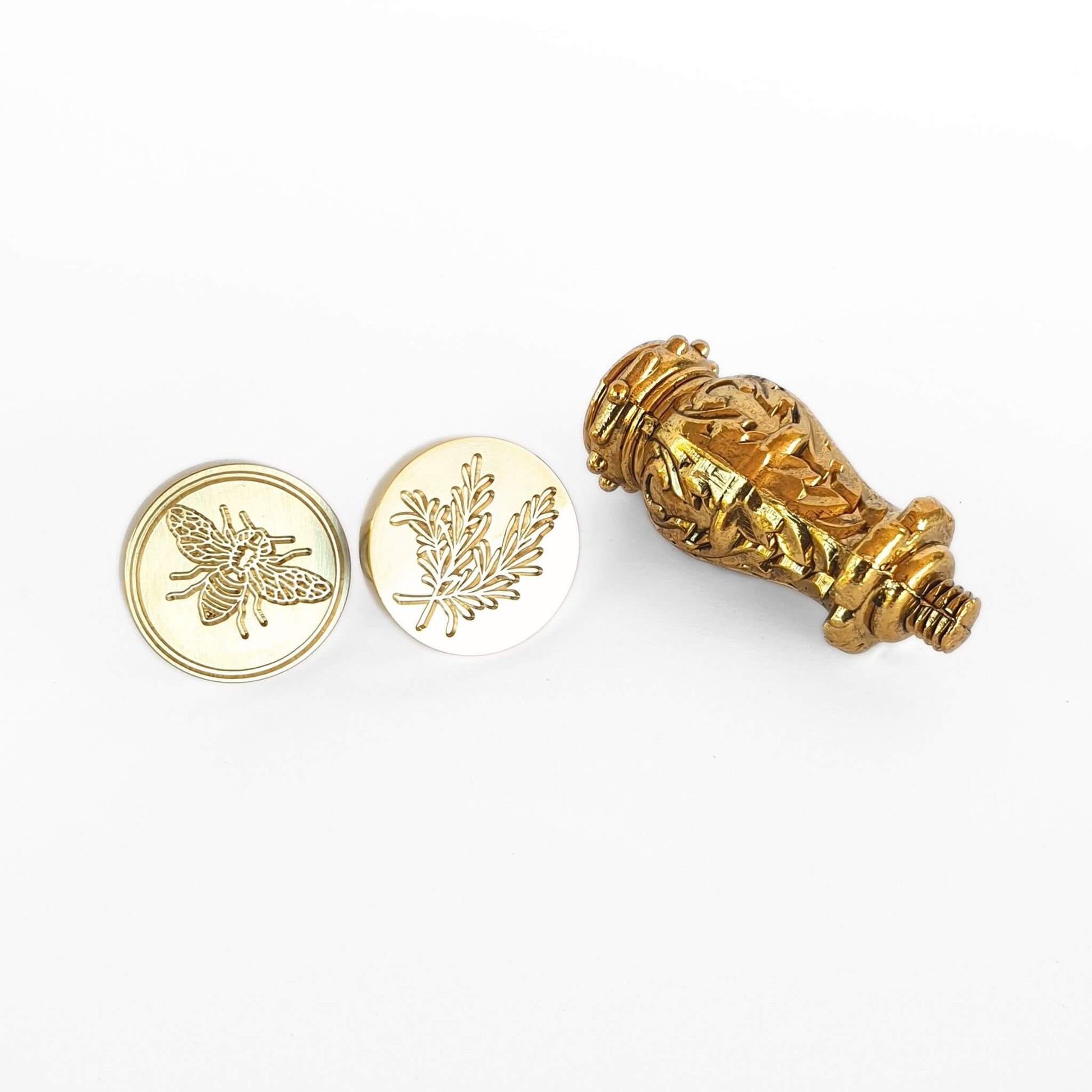 bEE AND ROSEMARY WAX SEAL HEADS AND tUSCAN WAX SEAL DECORATIVE HANDLE IN GOLD