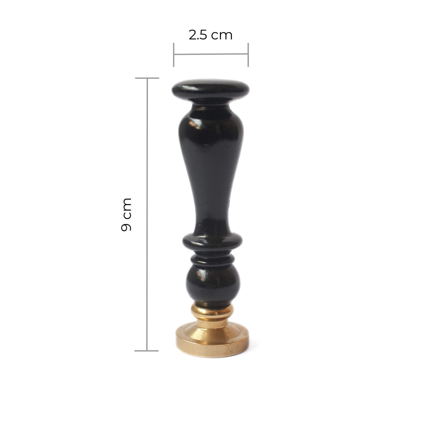 black handled wax seal standing up with measurements