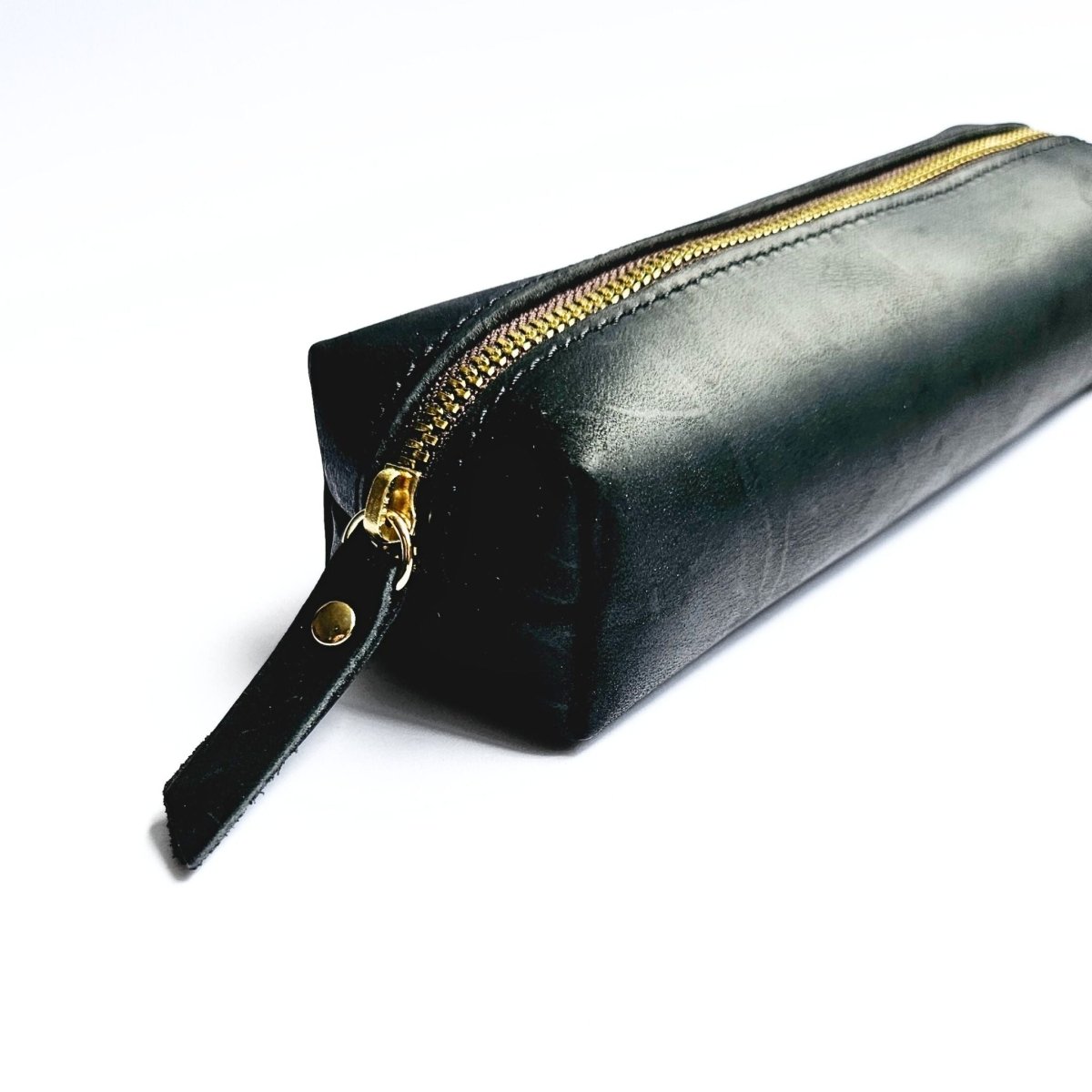 side view of small black leather pencil case