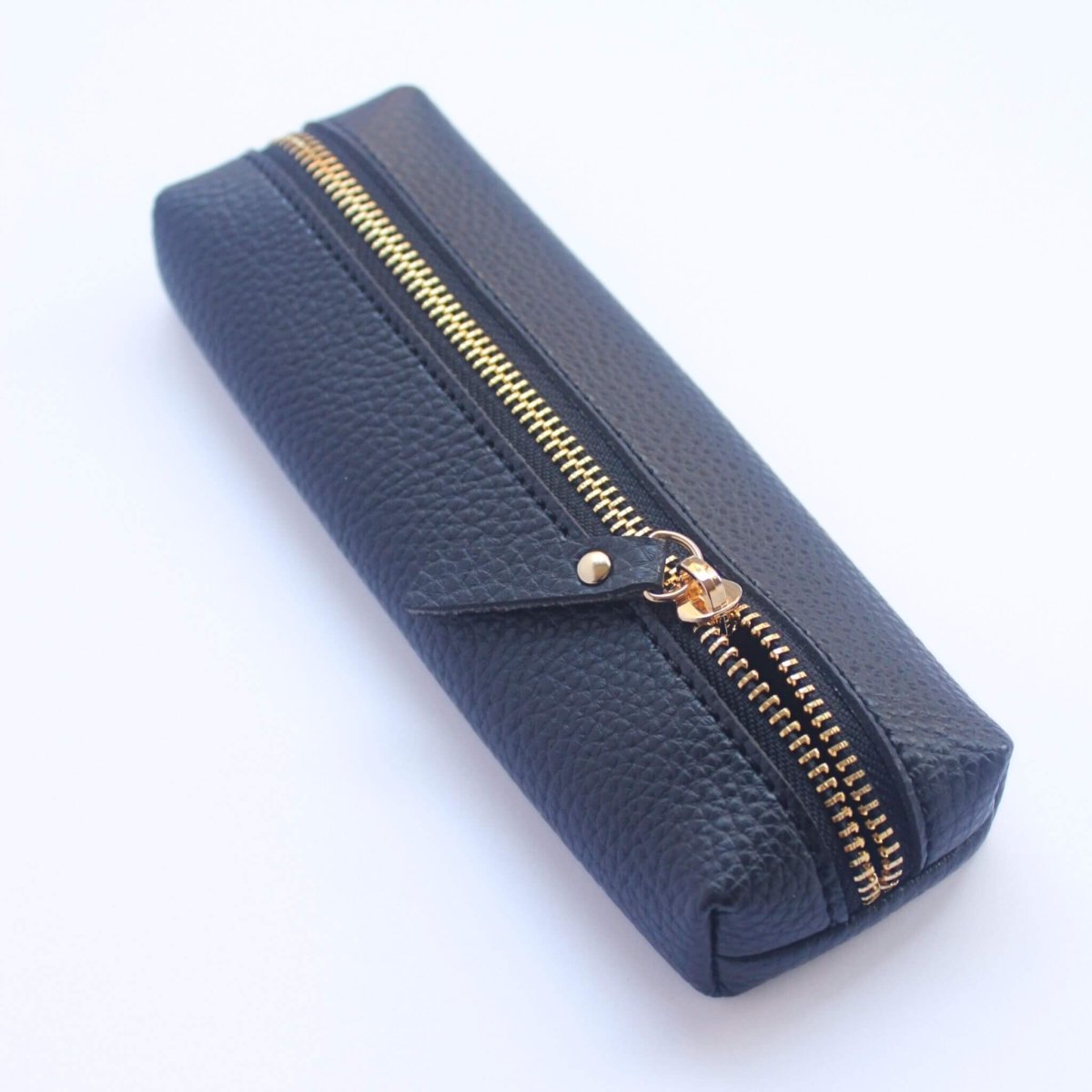 Black vegan leather pencil case wit zip open