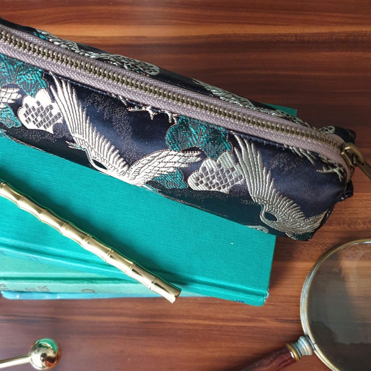 embroidered satin chinoiserie pencil case