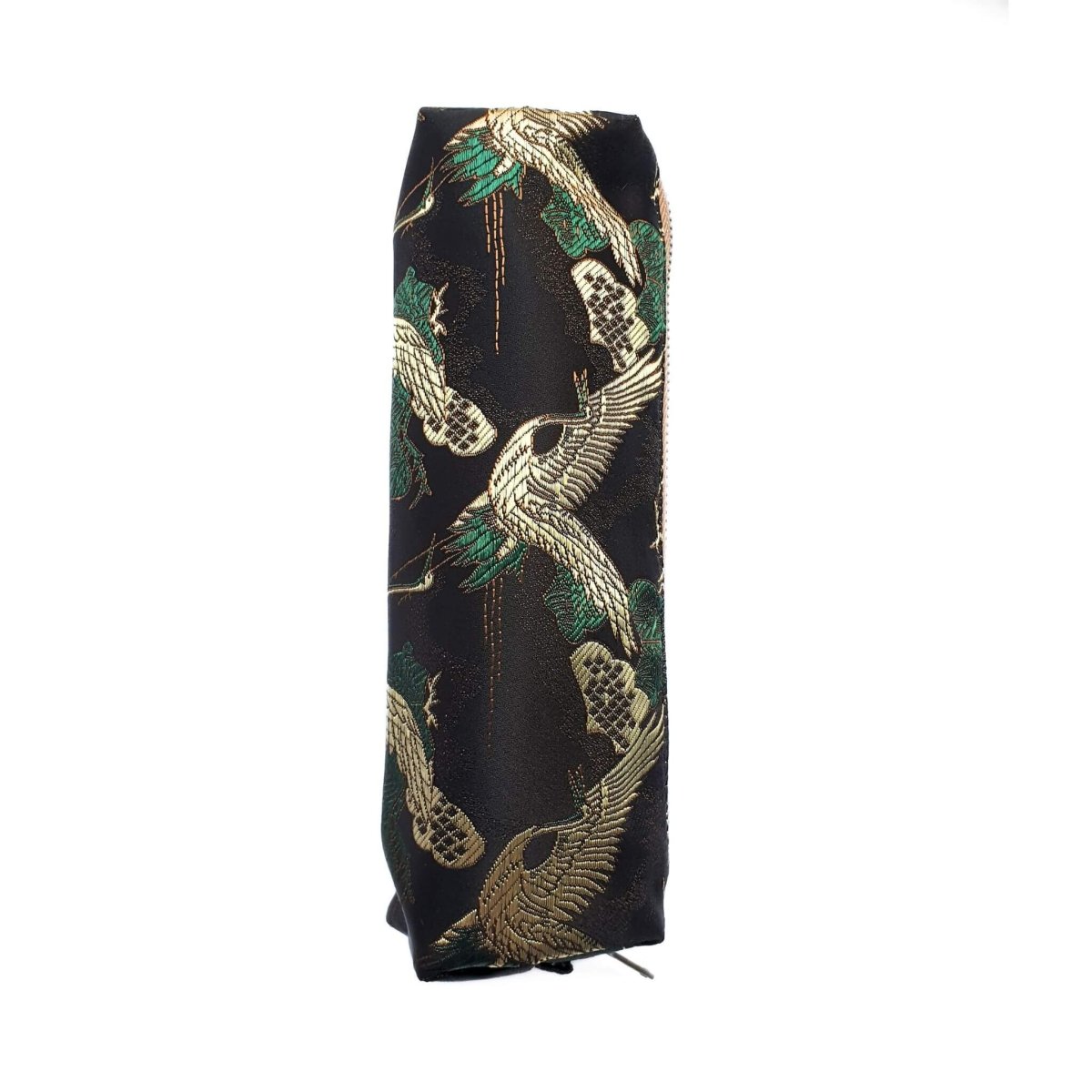 black, gold and green satin pencil case with chinoiserie design