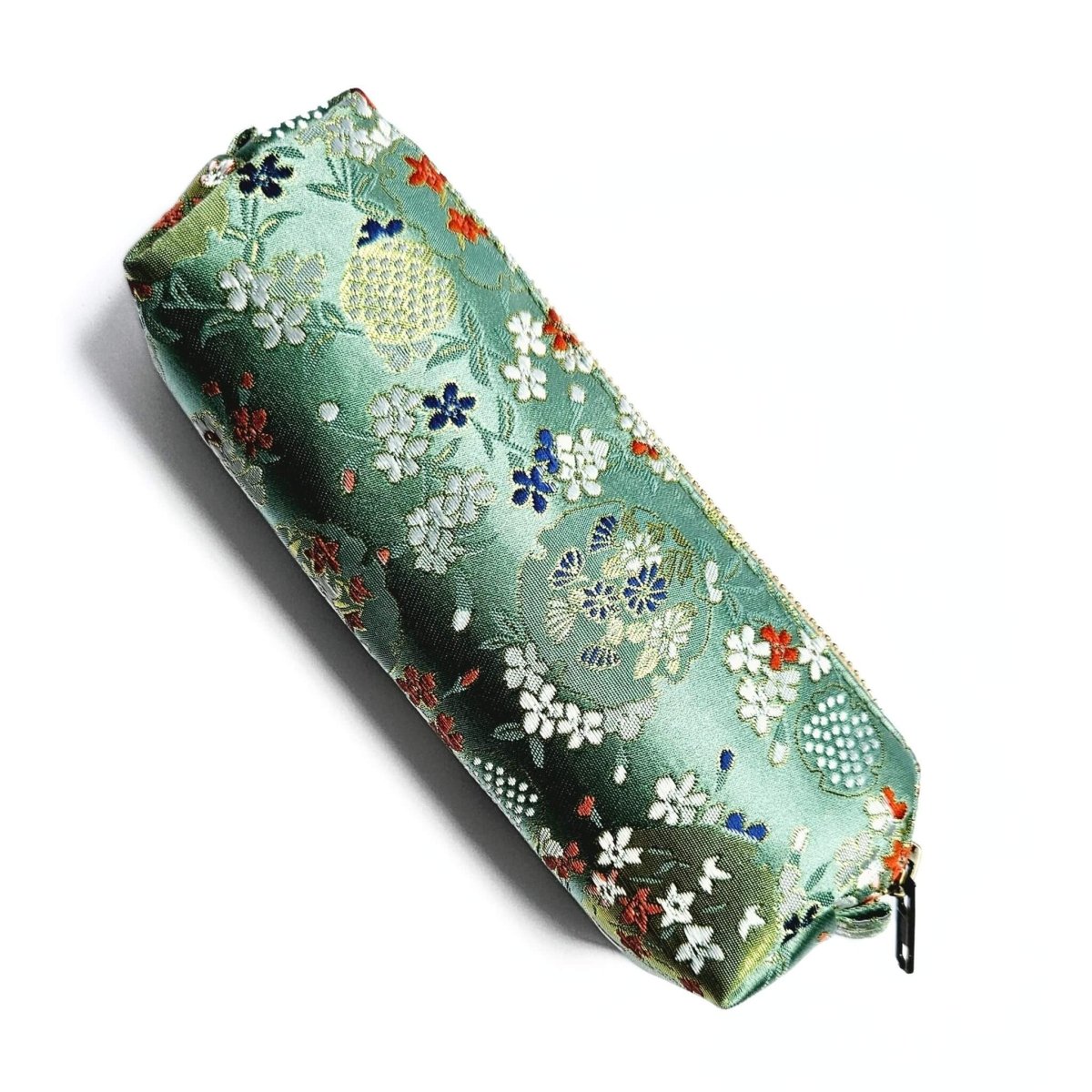 side view of green floral pencil pouch