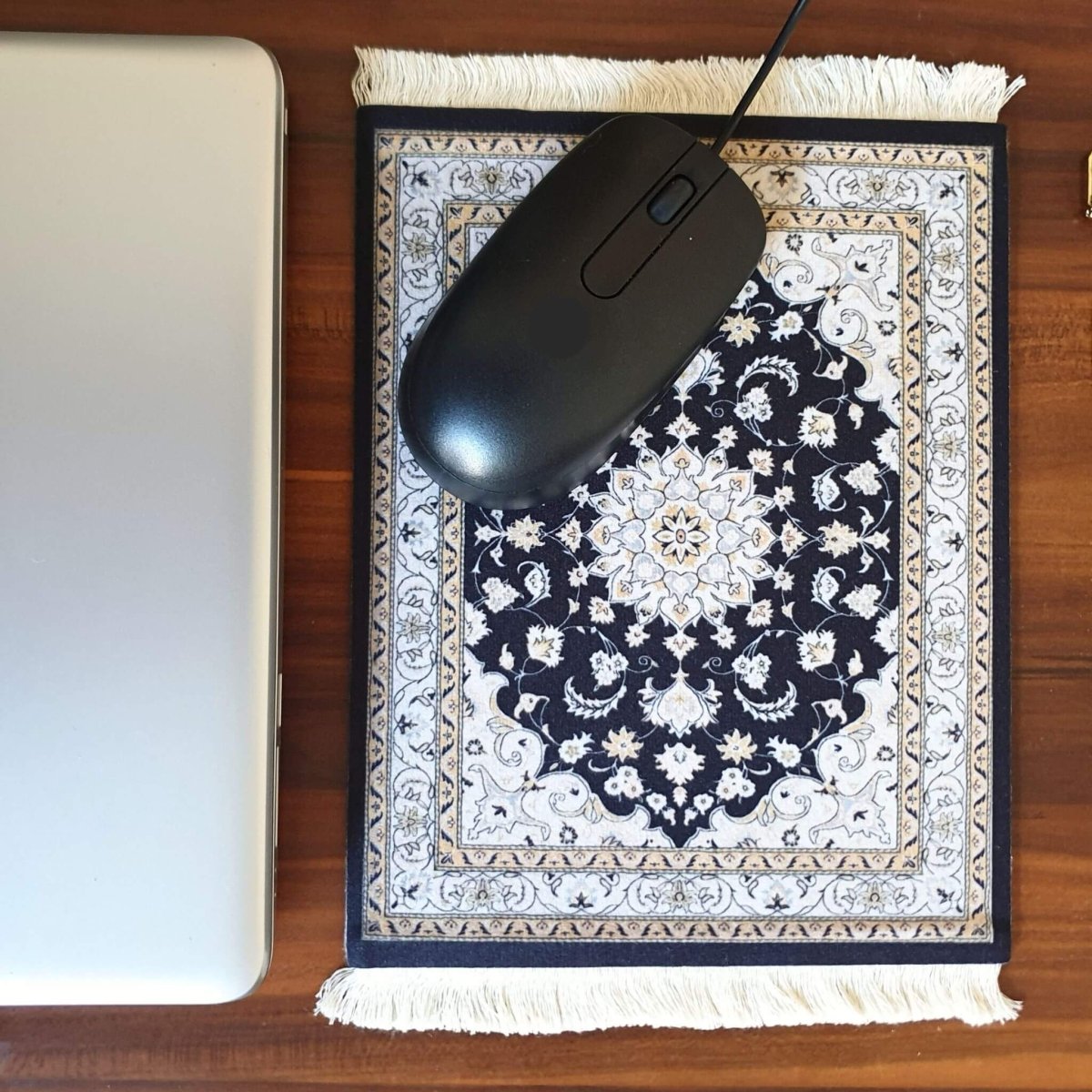 Mini rug shaped mouse pad in black and white