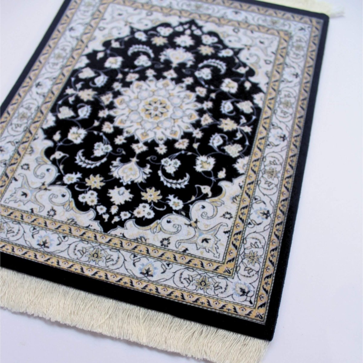 Ivory, black and gold mini carpet novelty mouse pad with fringed edge