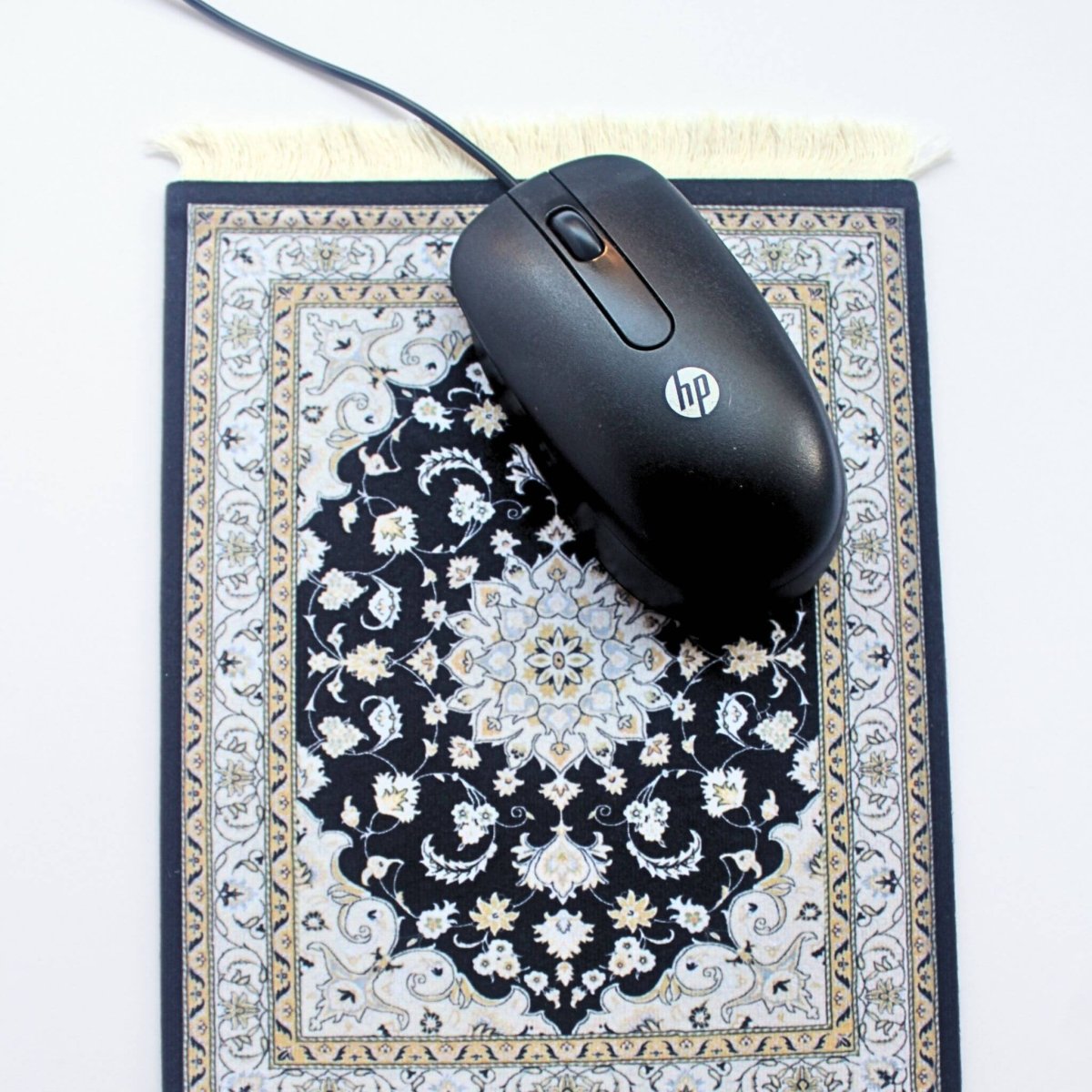 Neutral black and ivory mini carpet mouse pad and computer mouse
