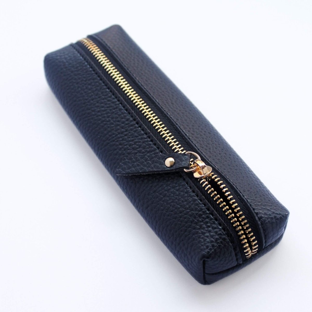 Black vegan leather pencil case with zip open