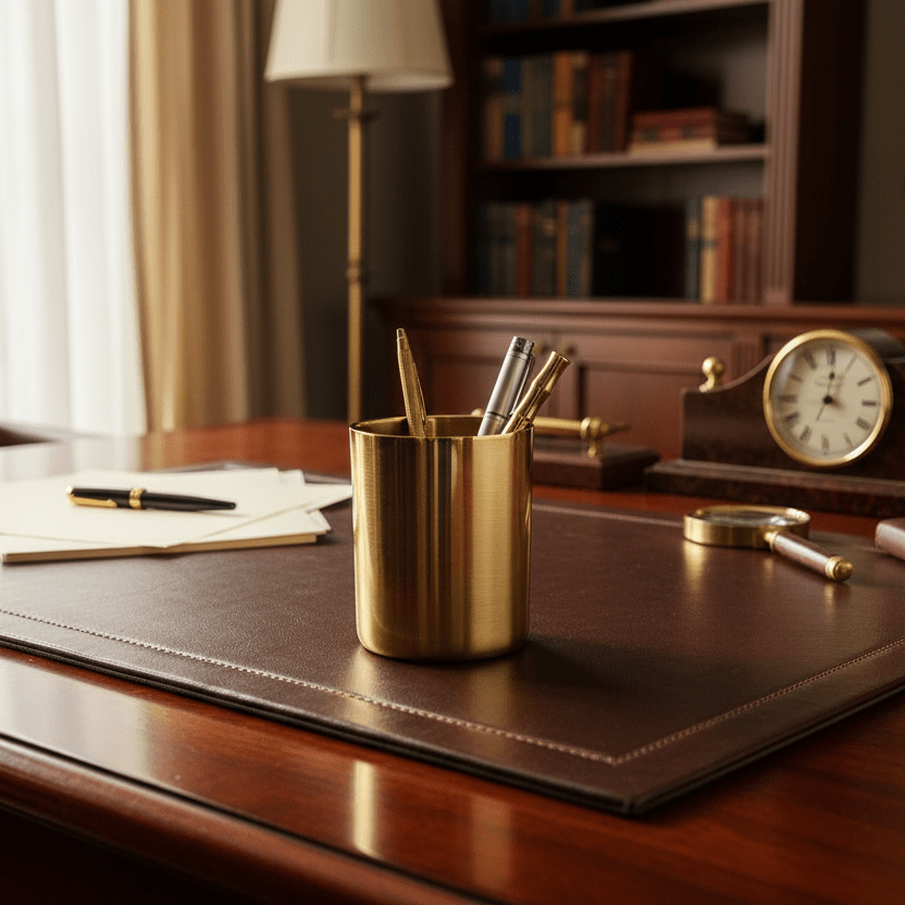 Wooden desk with leather surface, gold pen holder, and office items in a home office setting.