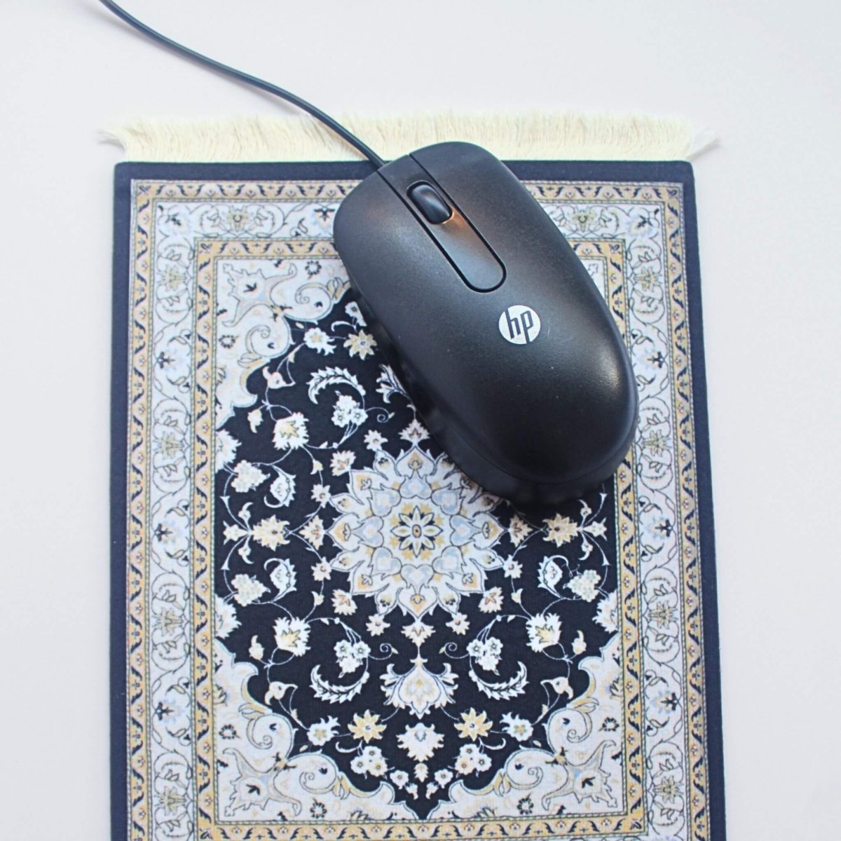 Neutral black and ivory mini carpet mouse pad and computer mouse