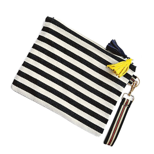 large black and white stripe pencil case with tassels