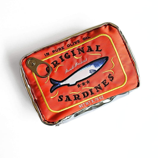 orange sardine tin shaped pencil case with embriodered text and fish illustration