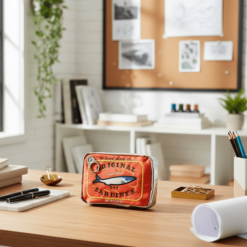 Orange Sardine Tin Pencil Case on desk in studio, surrounded by stationery