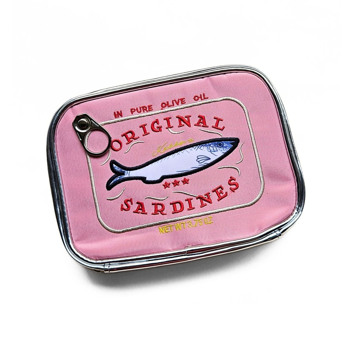 Pink sardine can-shaped pen case with 'Original Sardines' text and fish illustration on a white background