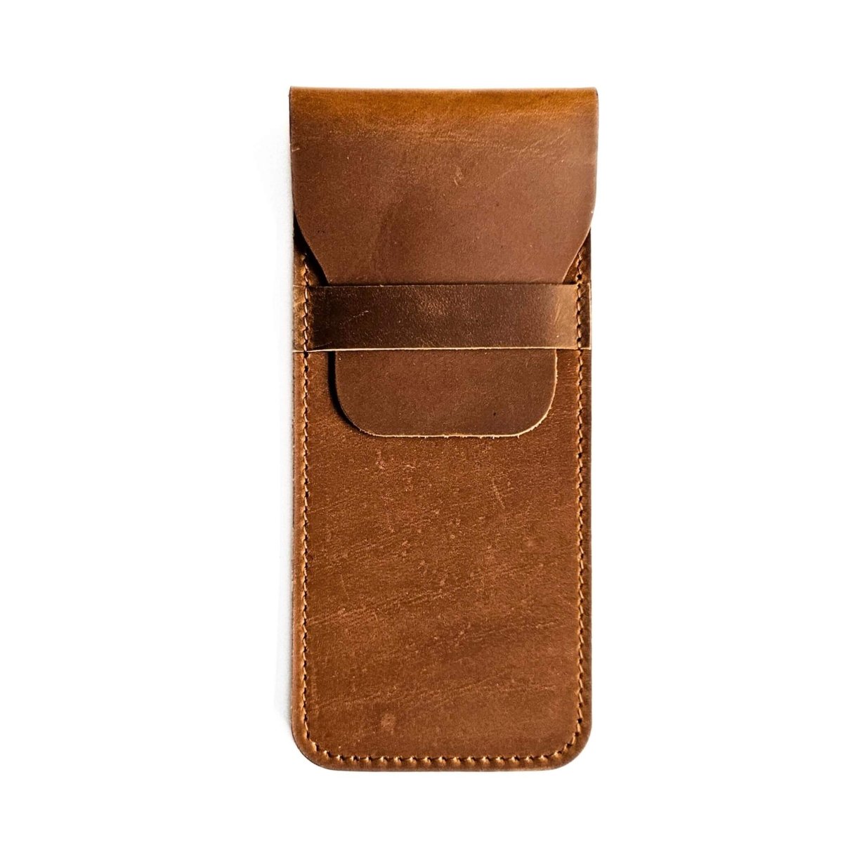 Brown leather pen case with flap on a white background