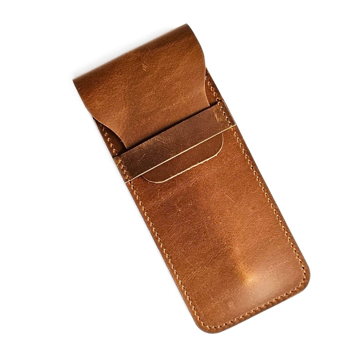Brown leather pen case on a white background