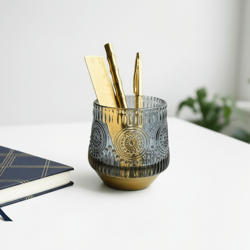 Blue glass pen holder on white desk next to blue note book