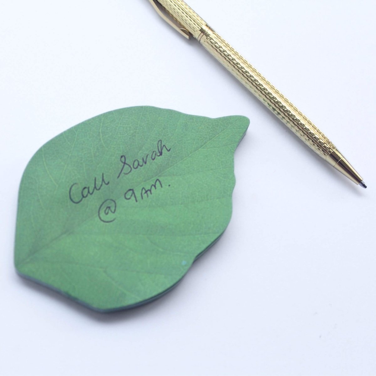 green leaf sticky notes with gold pen