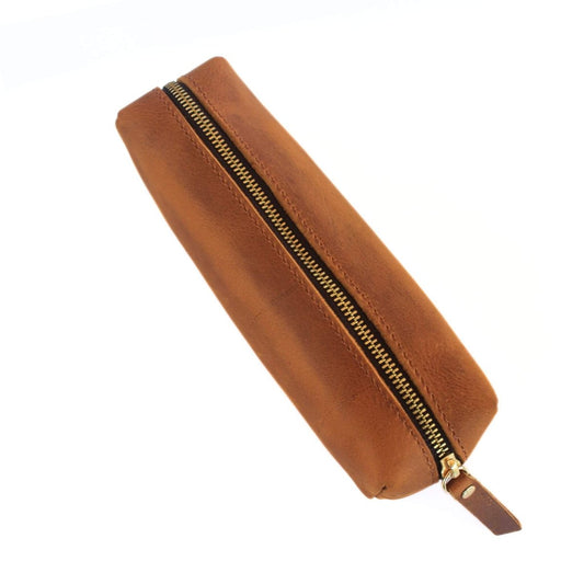 brown leather pencil case with gold zip