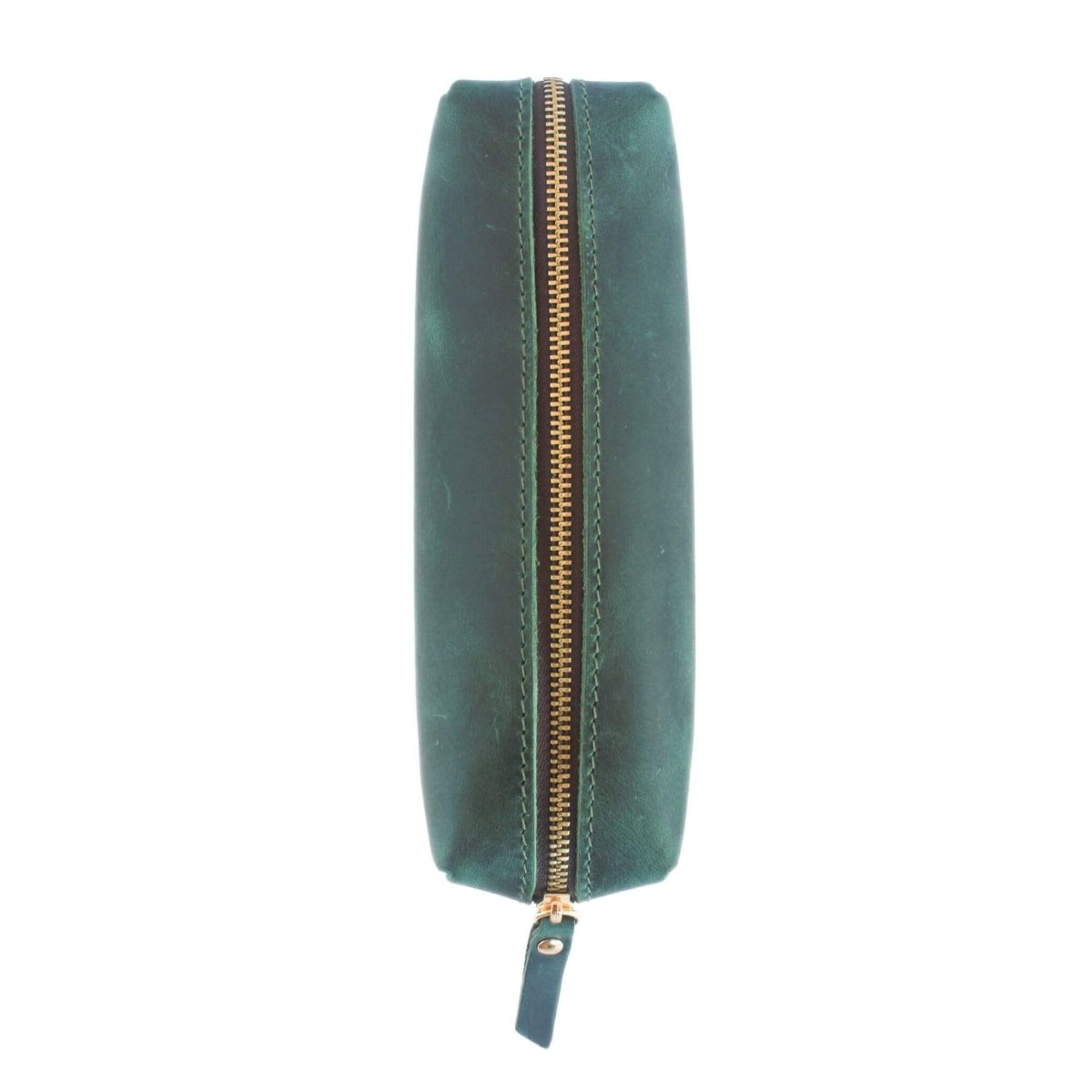 overhead view of green natural leather pencil pouch with gold zipper