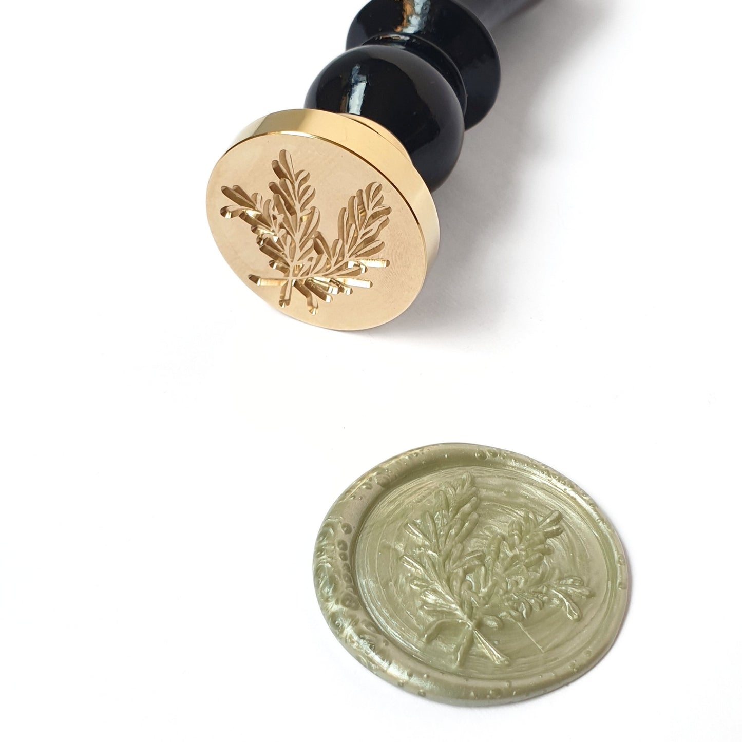 Wild rosemary engraved brass wax seal with black wooden handle